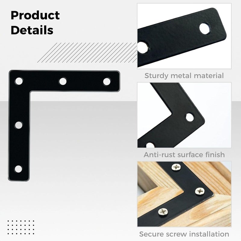 yeesport Flat Corner Braces, 20 Pcs 3.15x3.15" L Right Angle Braces, Repair Mending Plates for Wooden Frames Beds Tables Cabinets Chairs, Joining Bracket Support with 100 Pcs Screws, Black - Image 4